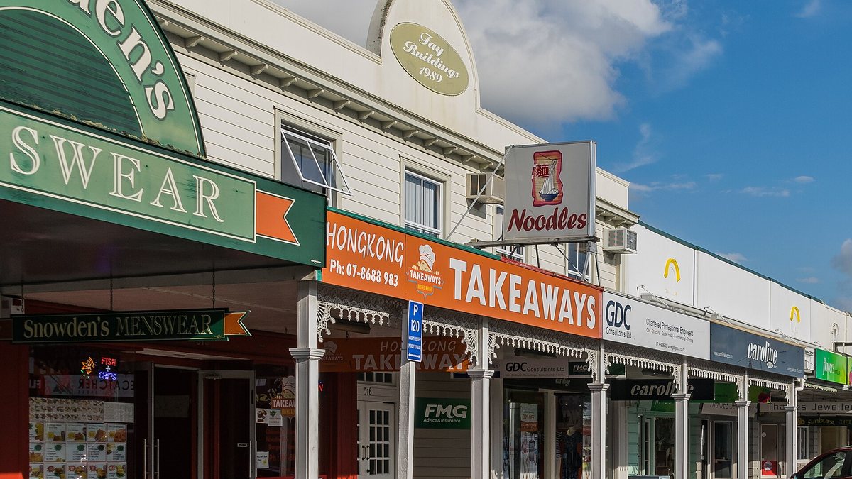 Verandah-fronted shops along Pollen Street in Thames, New Zealand