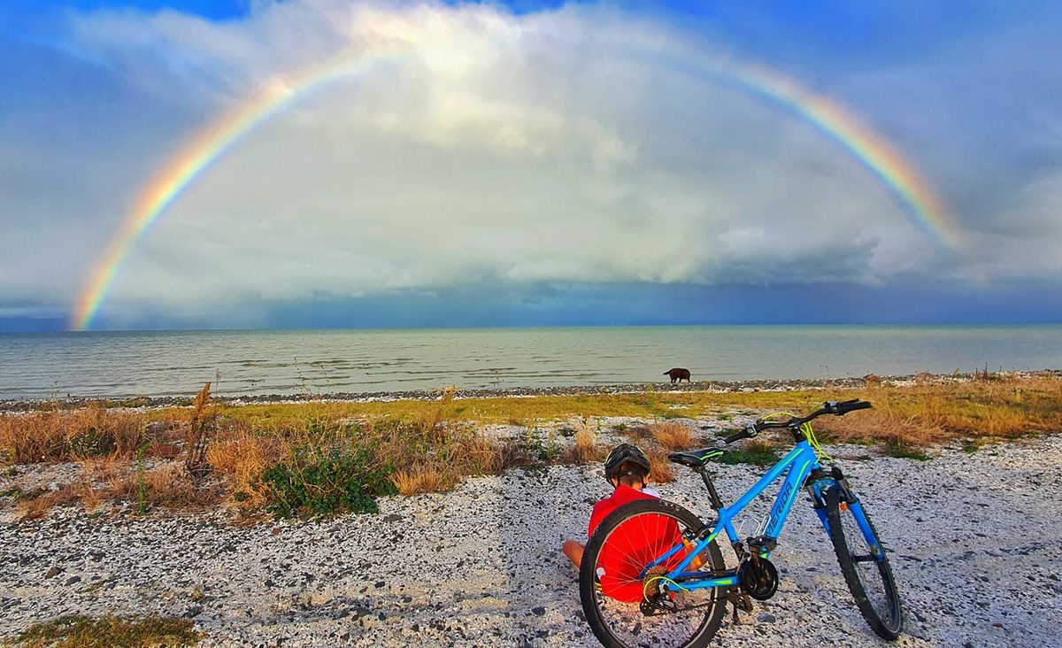 A rainbow over the flat Hauraki Rail Trail near Thames