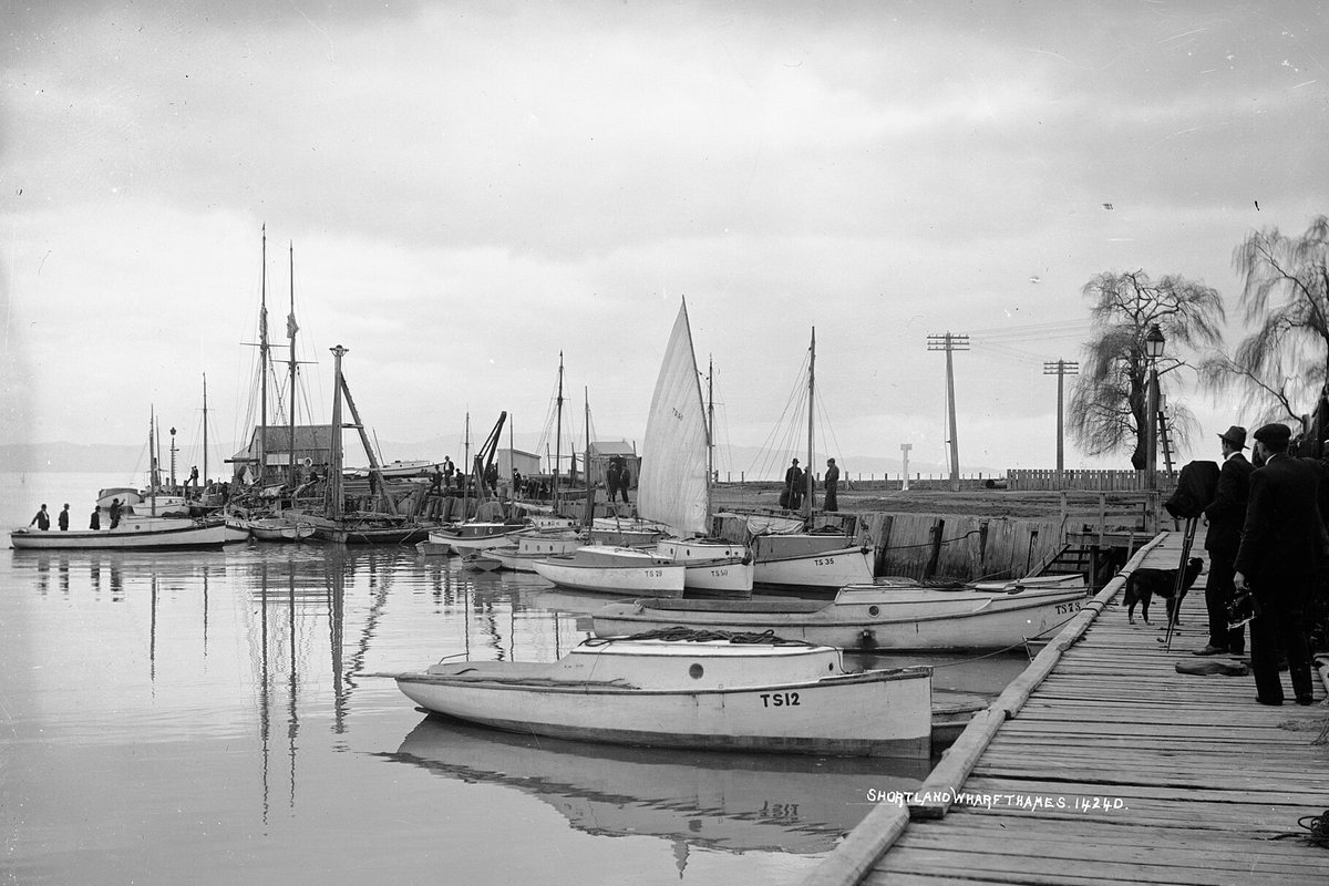 Historic photograph of boats moored at Shortland Wharf in Thames
