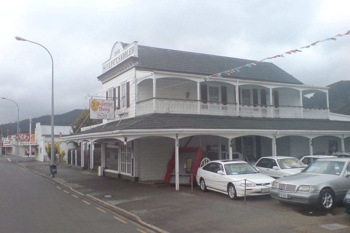 A historic timber shopfront building in Thames on the Coromandel Peninsula